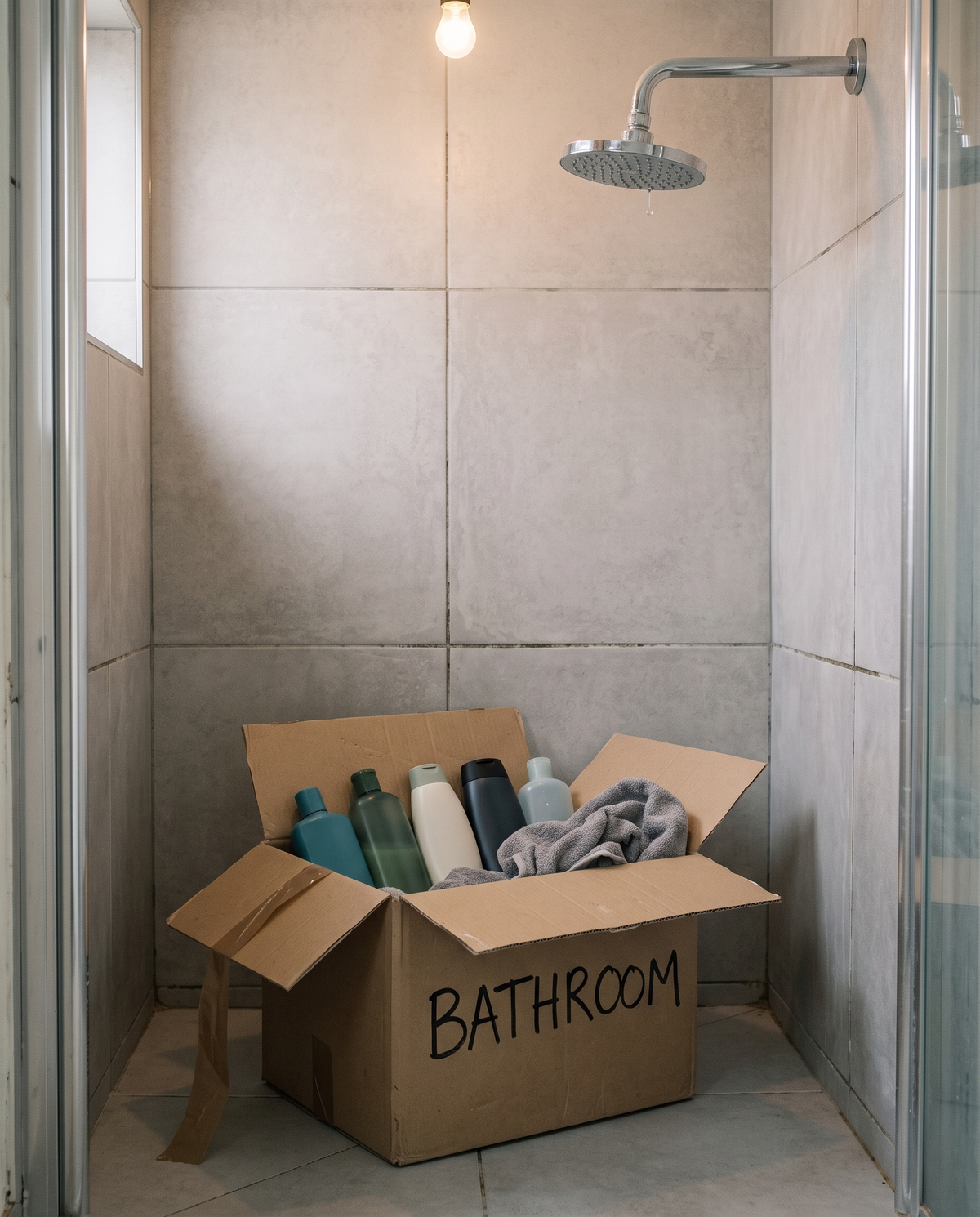 A moving box marked Bathroom with the same shampoo bottles, inside a new apartment shower