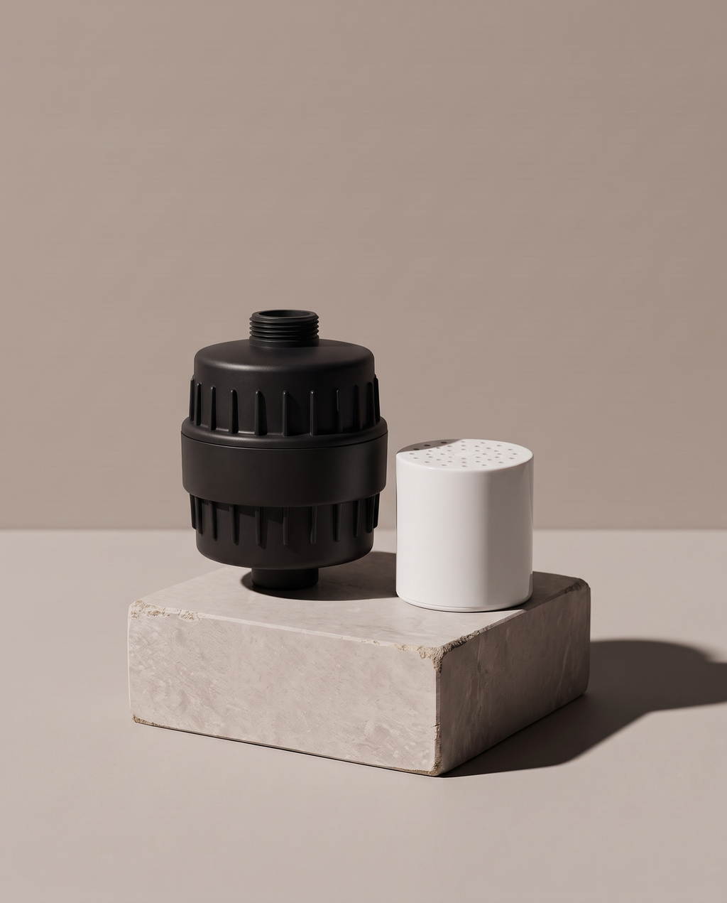 Calore Relief replacement cartridge next to the closed shower filter