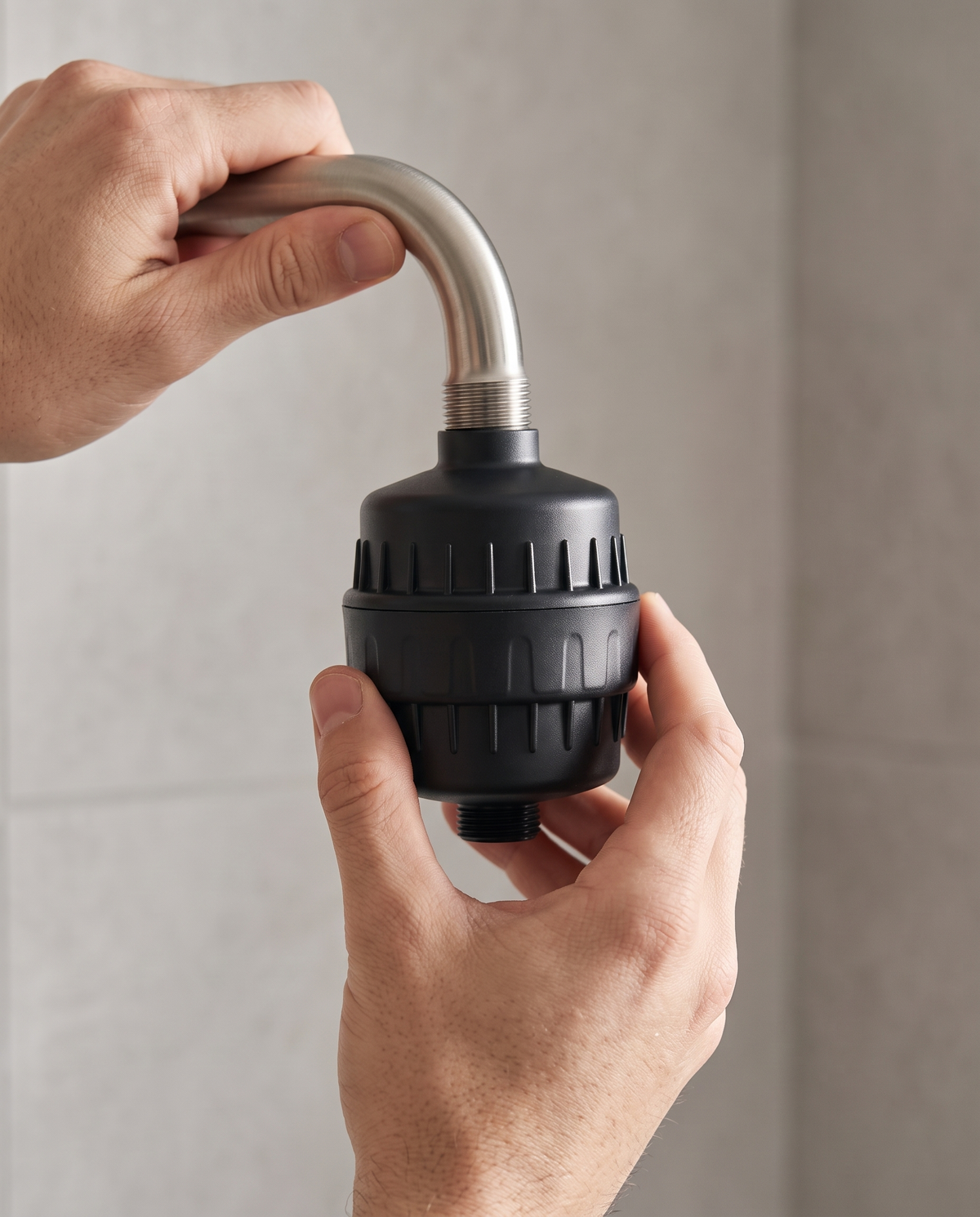 Calore Relief installed between a shower arm and a rain showerhead