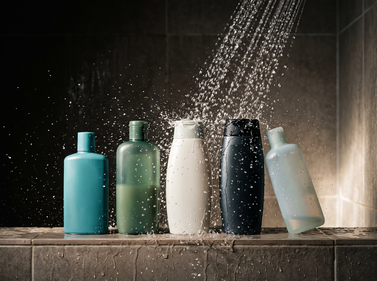 Five half-used shampoo bottles on a shower ledge under running water