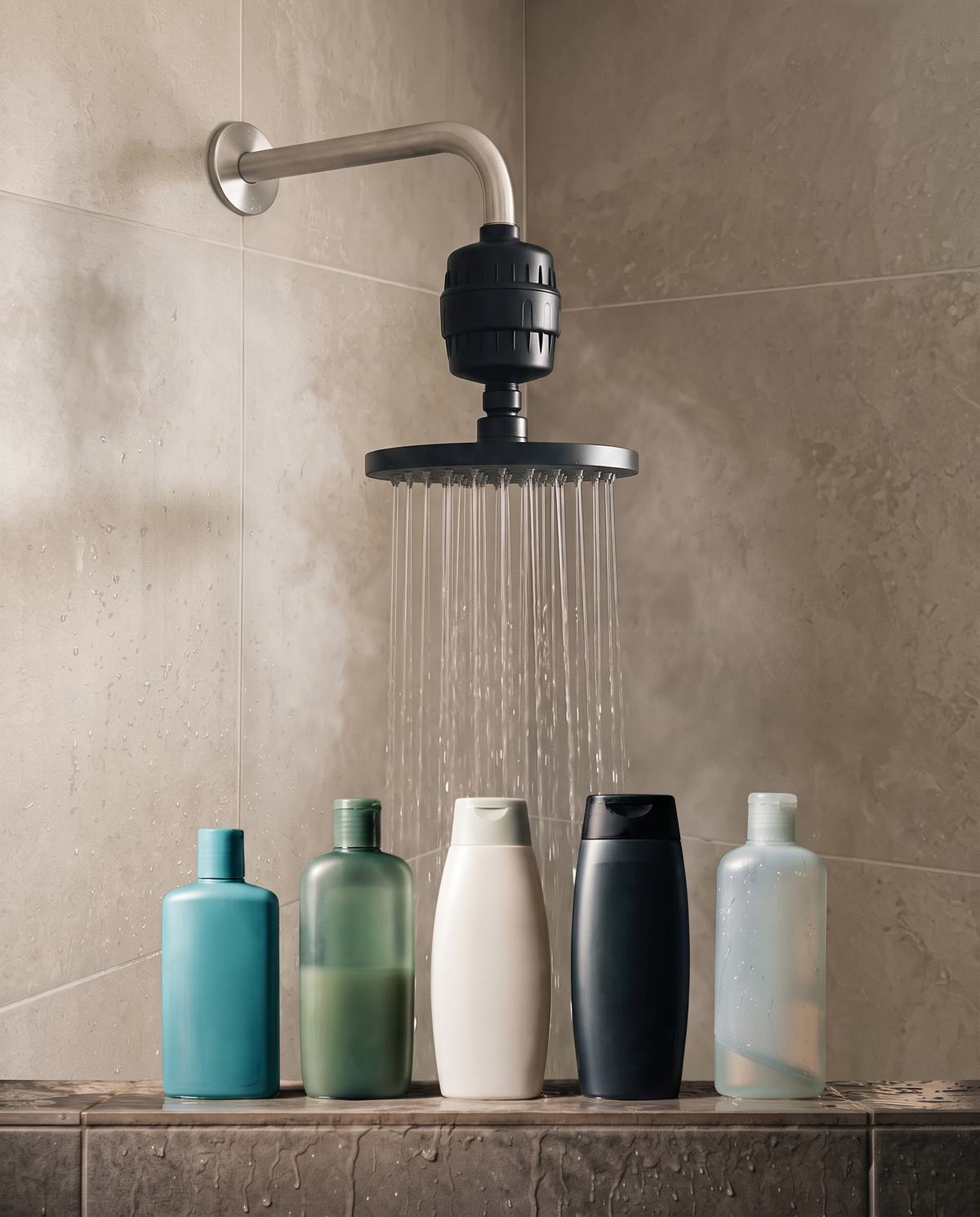 Calore Relief filter installed between the shower arm and showerhead, the same bottles on the ledge